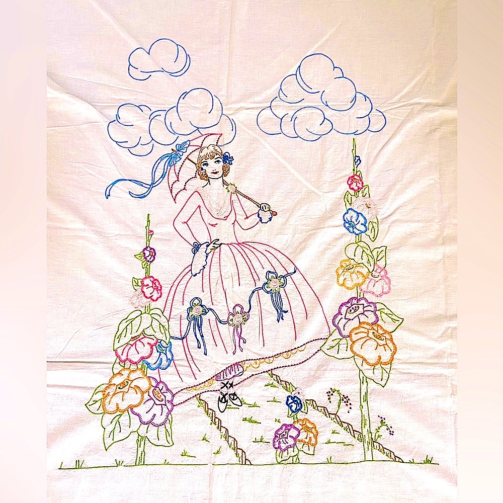 Embroidered BedSpread Tapestry Handmade Vintage Lady with Flowers  74” x 85”‎